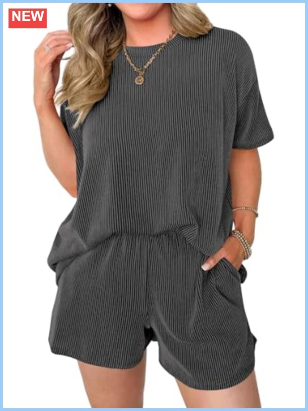 Ribbed Knit 2 Piece Short Set Crew Neck Top & Shorts Loungewear